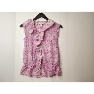 Ann Taylor Loft Women's Pink Cotton Floral Ruffle Sleeveless Blouse Size XS